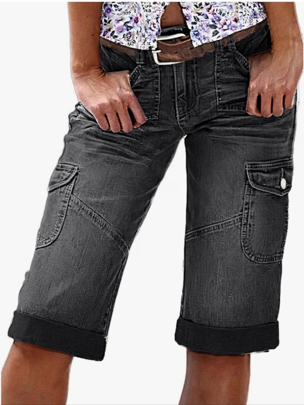 Flamingals Women's Bermuda Denim Straight Leg Flap Pocket Shorts NWT Large
